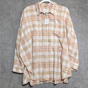 American Eagle Oversized Linen Shirt Small Lounge Beach Coverup Plaid Roll Tab
